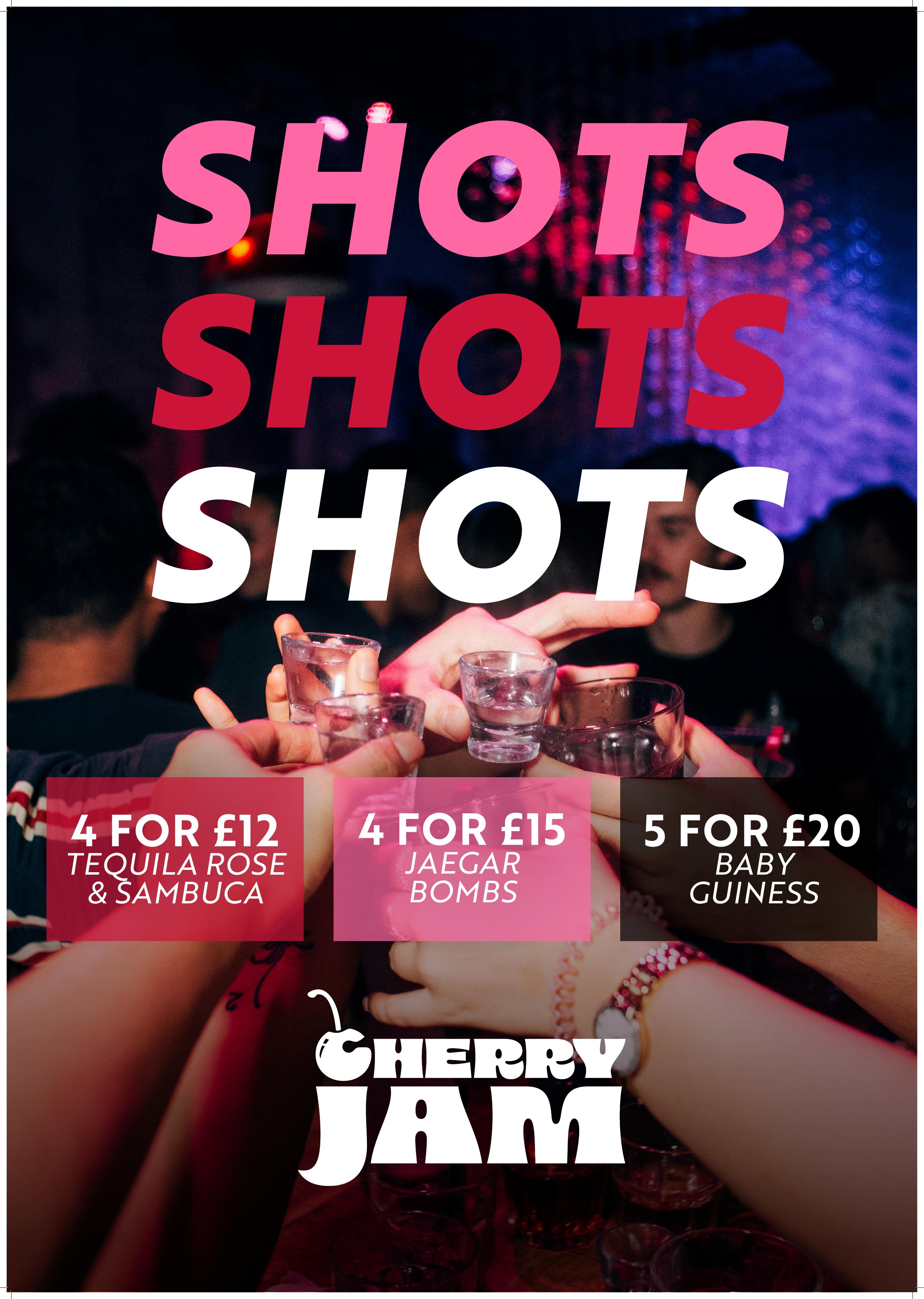 Shots menu — 4 for £12, 4 for £15, 5 for £20
