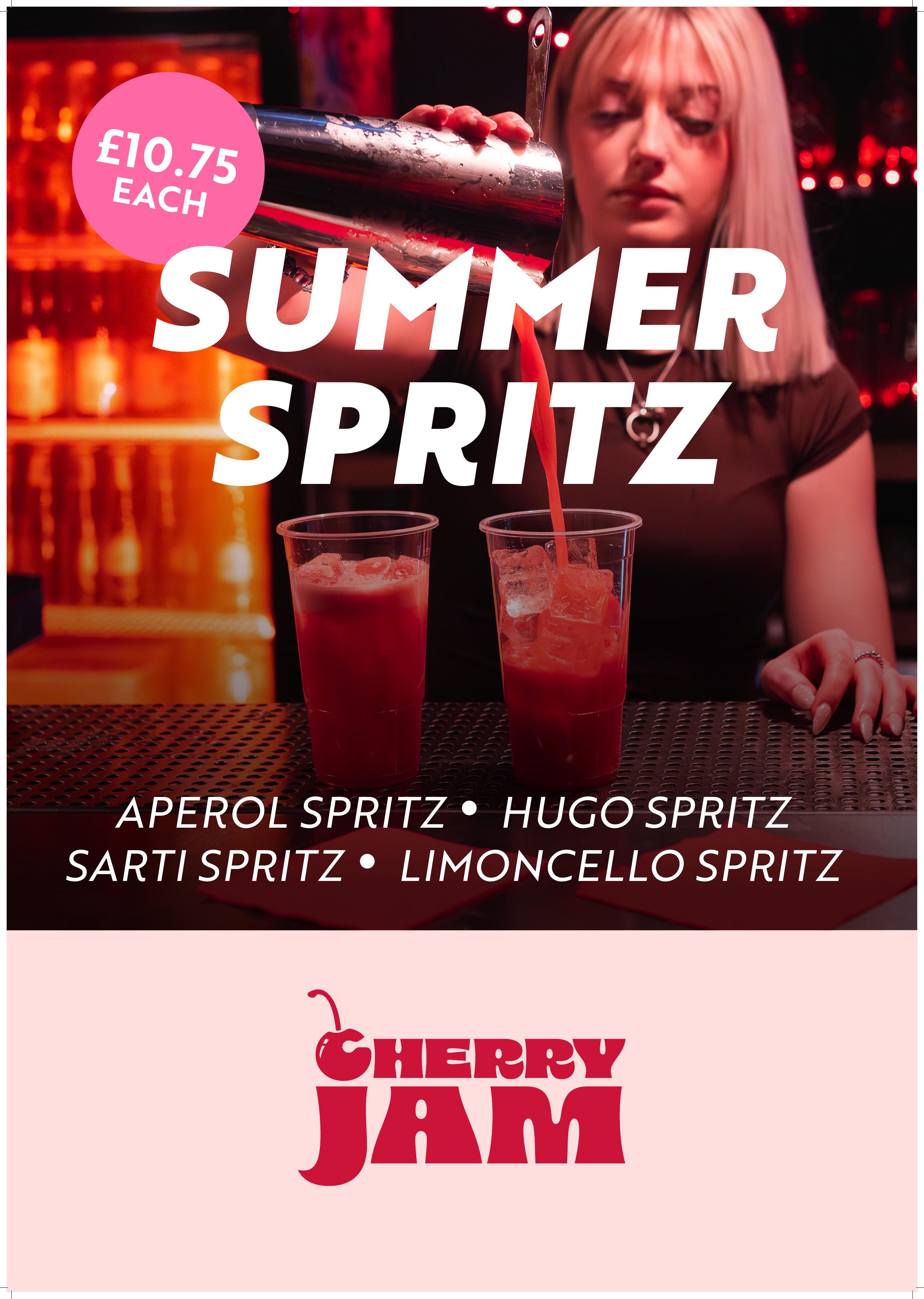 Summer Spritz menu — Aperol, Hugo, Sarti, Limoncello, £10.75 each